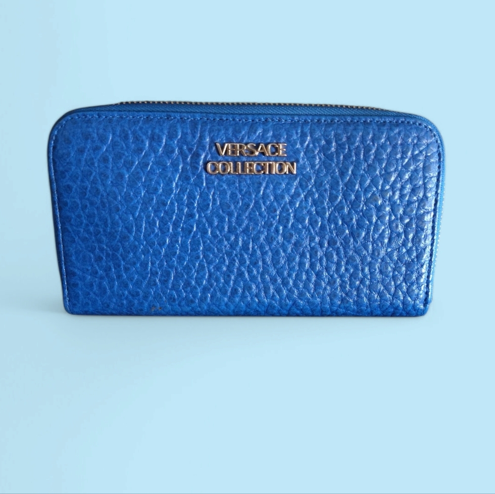 Versace Collection Blue Leather Zip Around Wallet